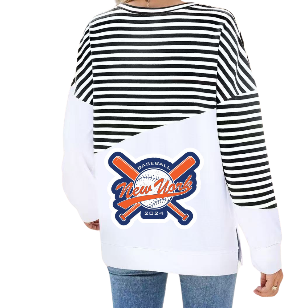 Slit Contrast Striped Long Sleeve Sweatshirt-New York Mets - Baseswear