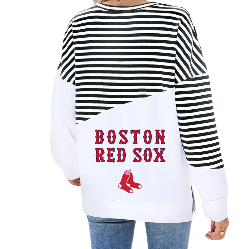 Slit Contrast Striped Long Sleeve Sweatshirt-Boston Red Sox - Baseswear
