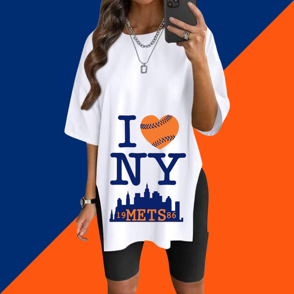 Stylish Printed Side-Slit Crew Neck T-Shirt-New York Mets - Baseswear