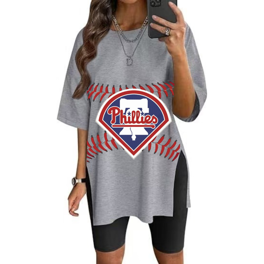 Stylish Printed Side-Slit Crew Neck T-Shirt-Philadelphia Phillies - Baseswear