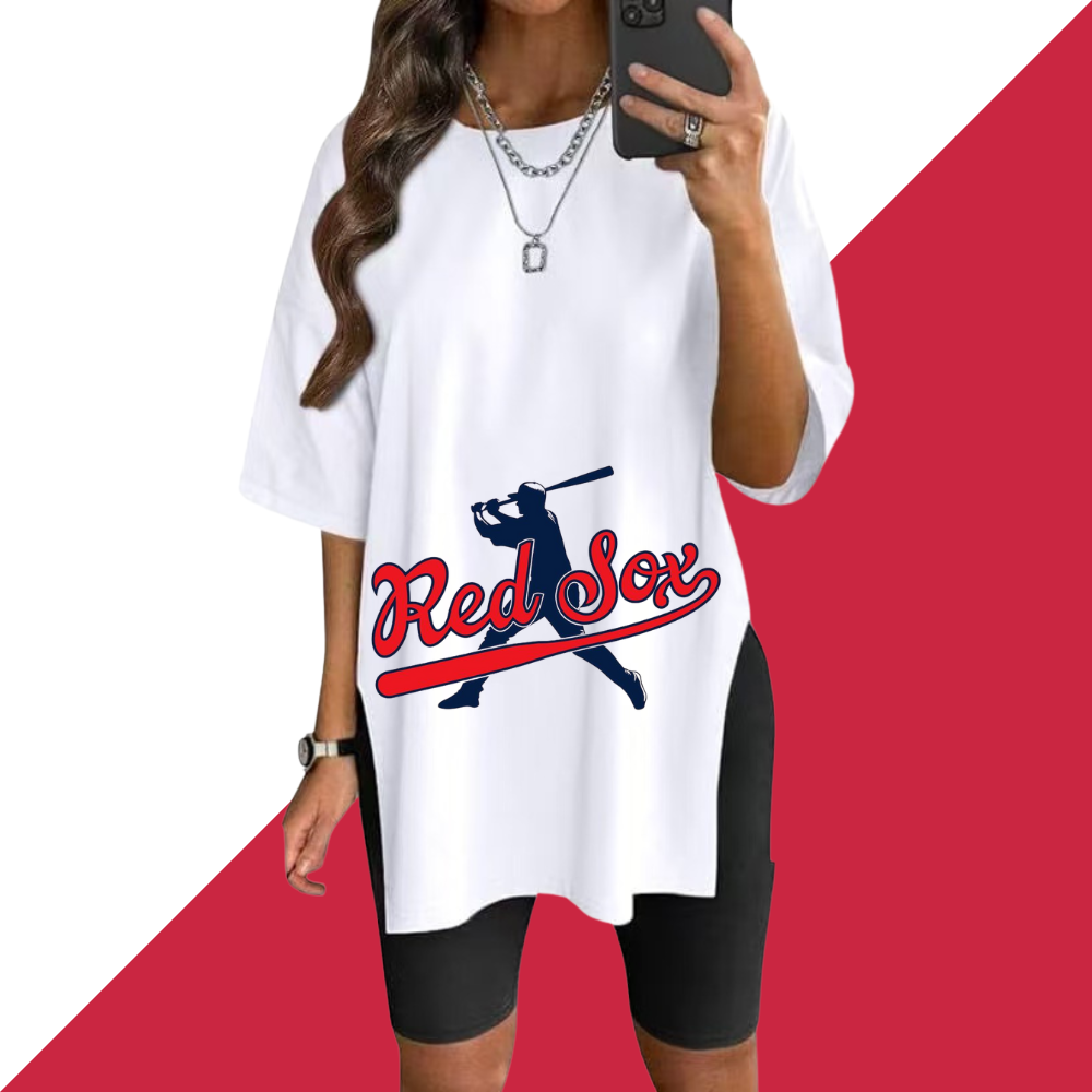 Stylish Printed Side-Slit Crew Neck T-Shirt-Boston Red Sox - Baseswear