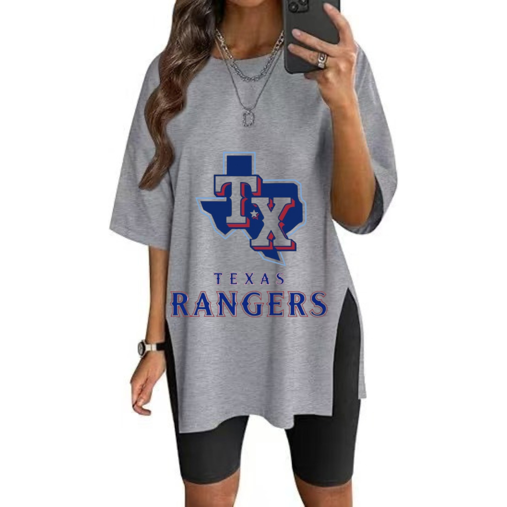 Stylish Printed Side-Slit Crew Neck T-Shirt-Texas Rangers - Baseswear