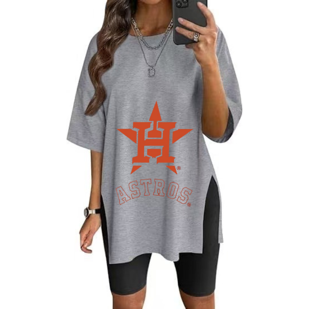 Stylish Printed Side-Slit Crew Neck T-Shirt-Houston Astros - Baseswear