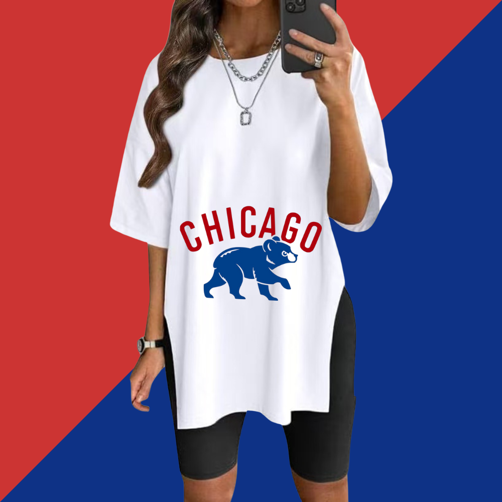 Stylish Printed Side-Slit Crew Neck T-Shirt-Chicago Cubs - Baseswear