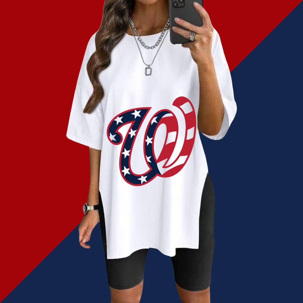 Stylish Printed Side-Slit Crew Neck T-Shirt-Washington Nationals - Baseswear