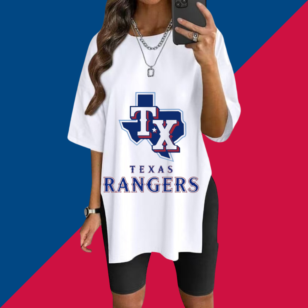 Stylish Printed Side-Slit Crew Neck T-Shirt-Texas Rangers - Baseswear