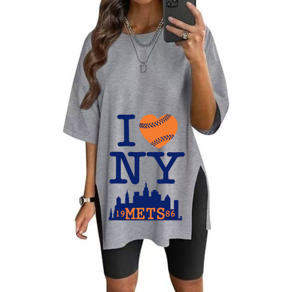 Stylish Printed Side-Slit Crew Neck T-Shirt-New York Mets - Baseswear