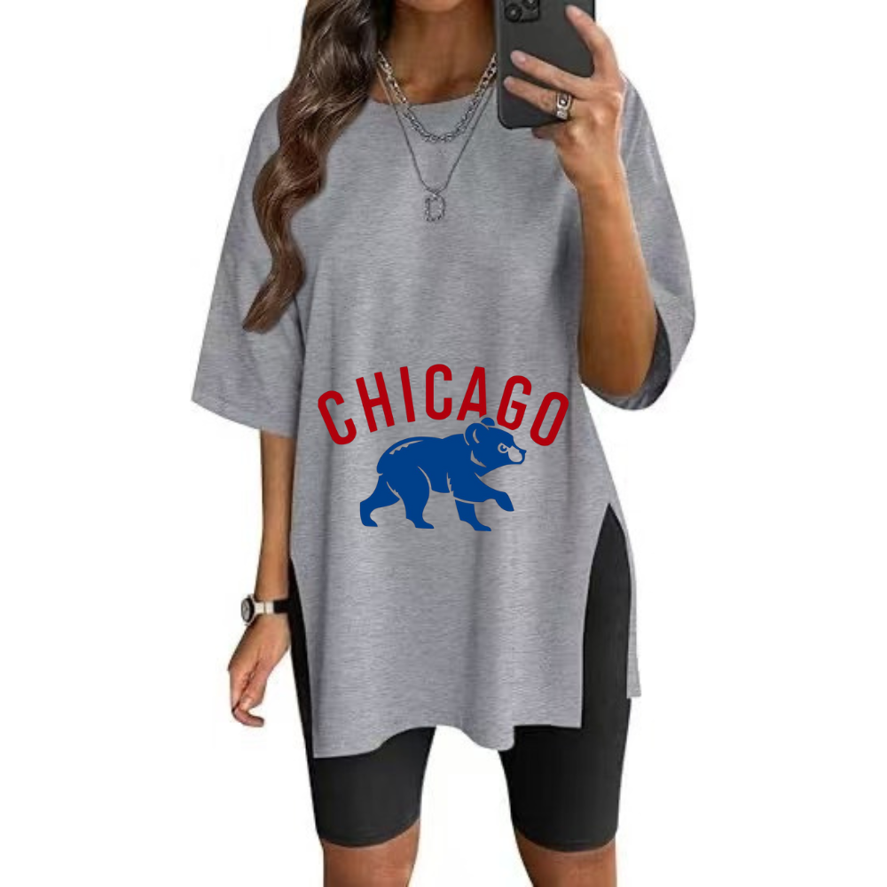 Stylish Printed Side-Slit Crew Neck T-Shirt-Chicago Cubs - Baseswear