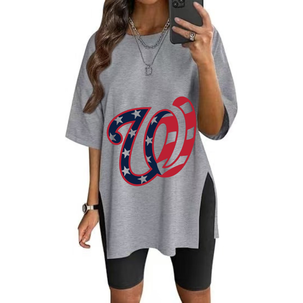 Stylish Printed Side-Slit Crew Neck T-Shirt-Washington Nationals - Baseswear