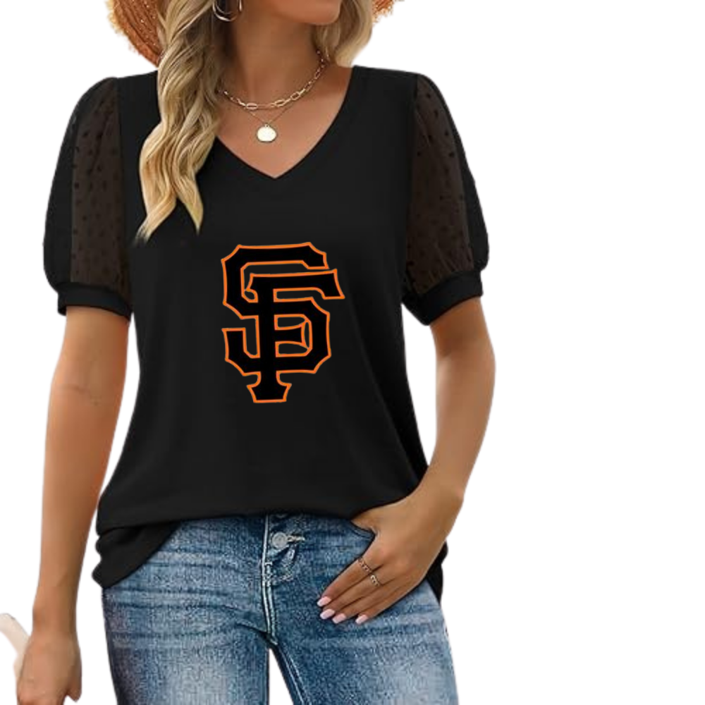 Summer V-neck bubble sleeve loose casual T-shirt - Baseswear