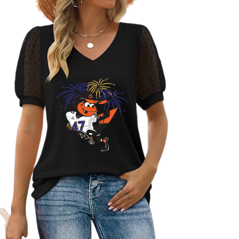 Summer V-neck bubble sleeve loose casual T-shirt - Baseswear