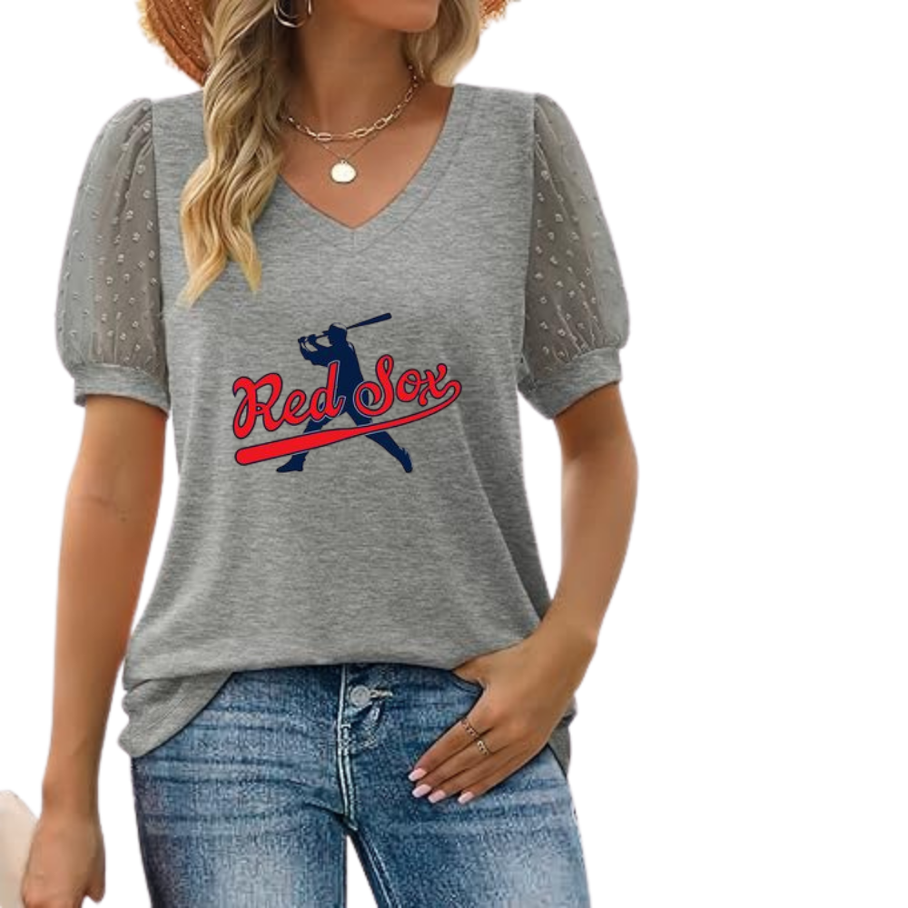 Summer V-neck bubble sleeve loose casual T-shirt - Baseswear
