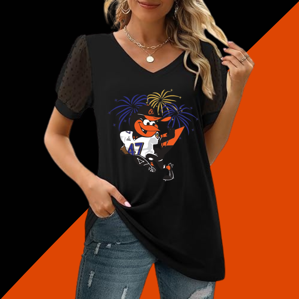 Summer V-neck bubble sleeve loose casual T-shirt - Baseswear
