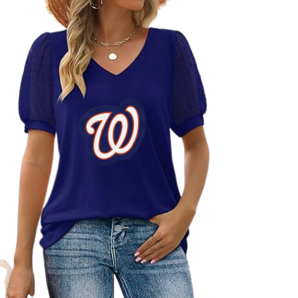 Summer V-neck bubble sleeve loose casual T-shirt - Baseswear