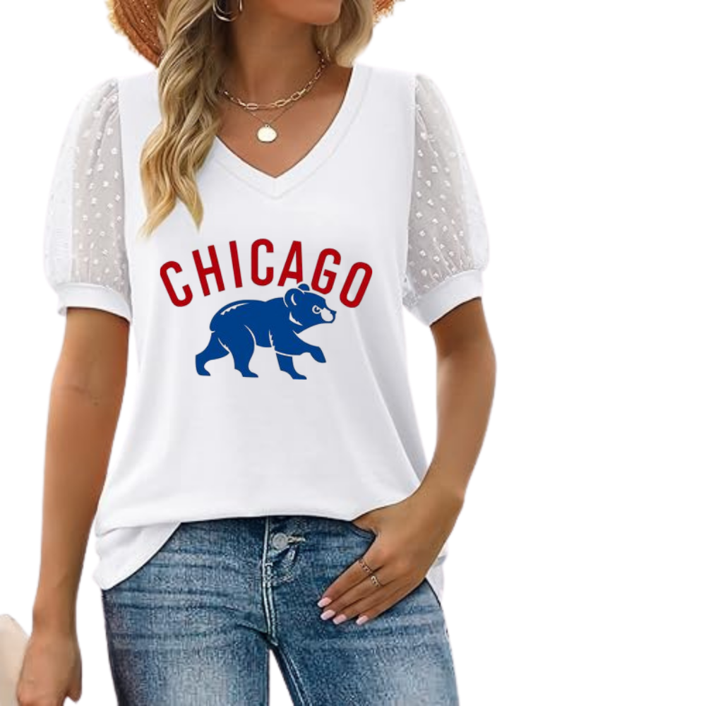 Summer V-neck bubble sleeve loose casual T-shirt - Baseswear