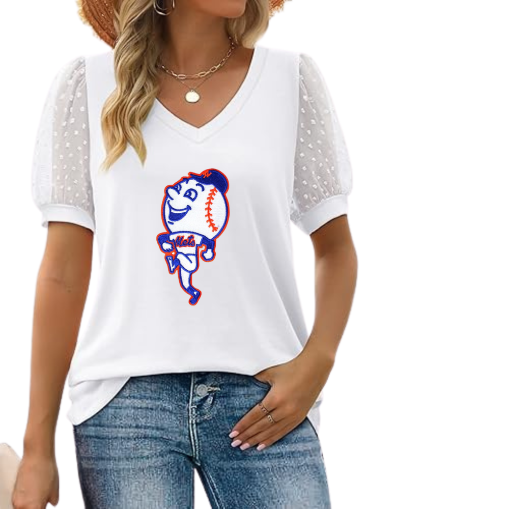 Summer V-neck bubble sleeve loose casual T-shirt - Baseswear
