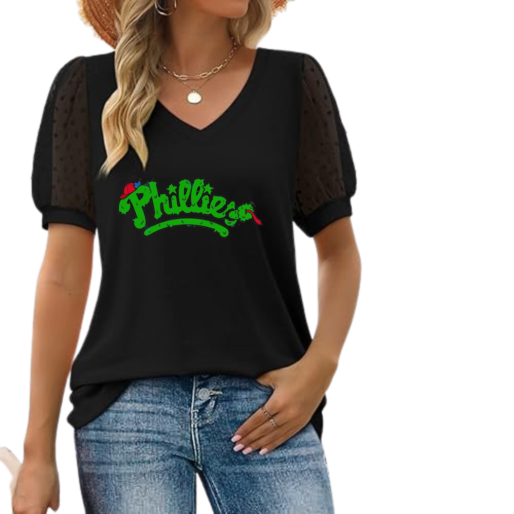 Summer V-neck bubble sleeve loose casual T-shirt - Baseswear