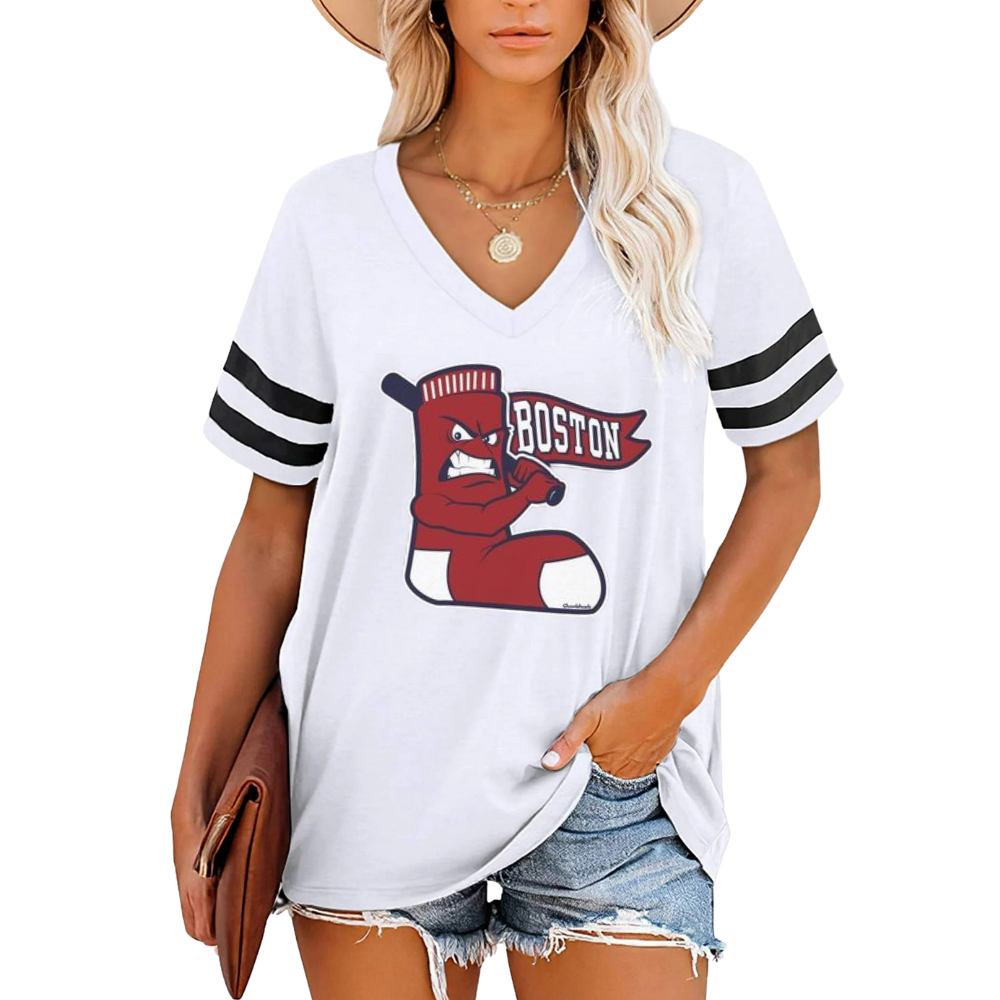 Striped Sleeve V-Neck Casual Loose Sweatshirt - Baseswear