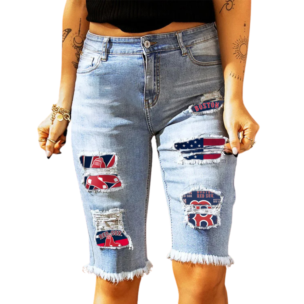 MID-RISE RIPPED PATCHES DENIM BERMUDA SHORTS - Baseswear