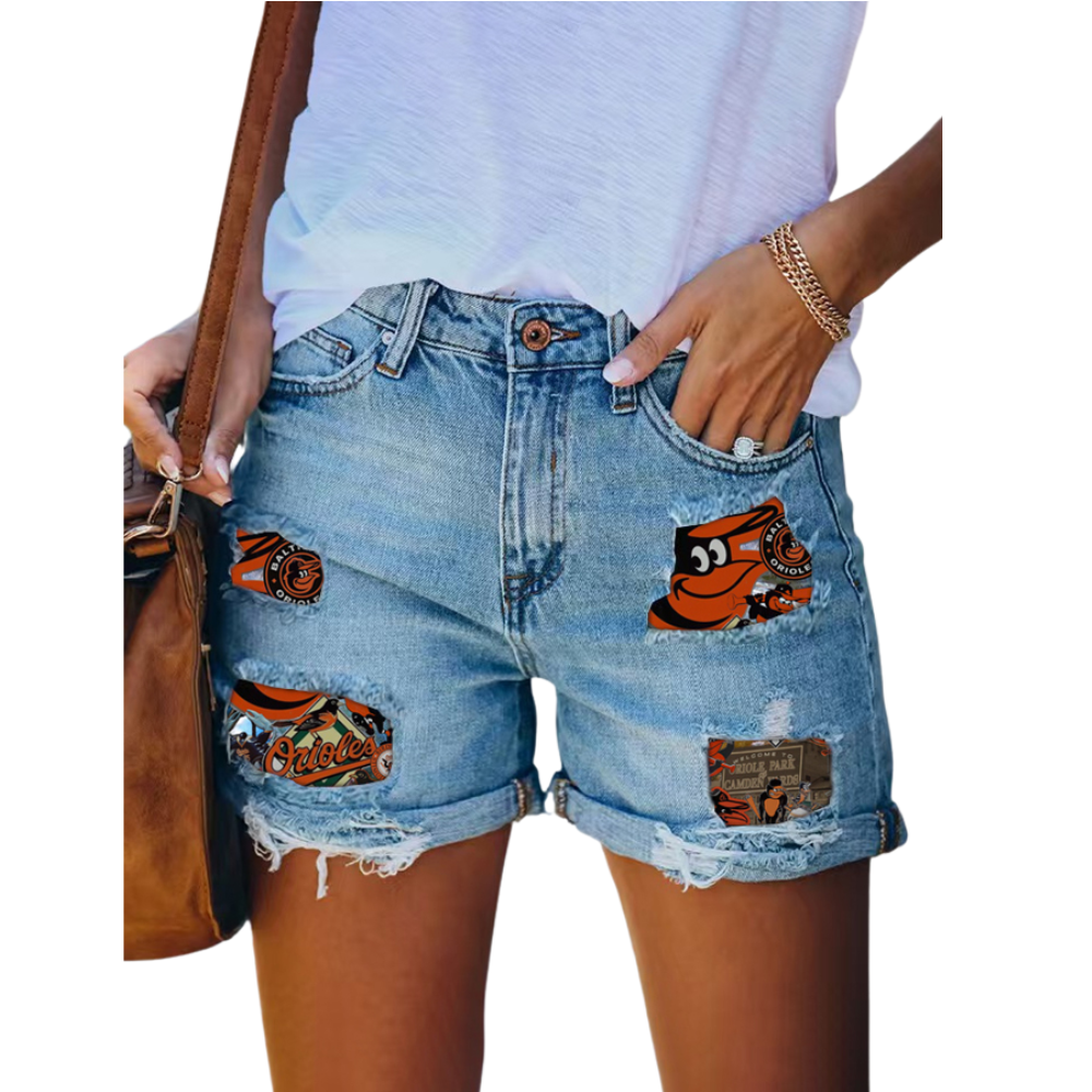 Orioles Distressed Cutoff Denim Shorts - Women - Baseswear