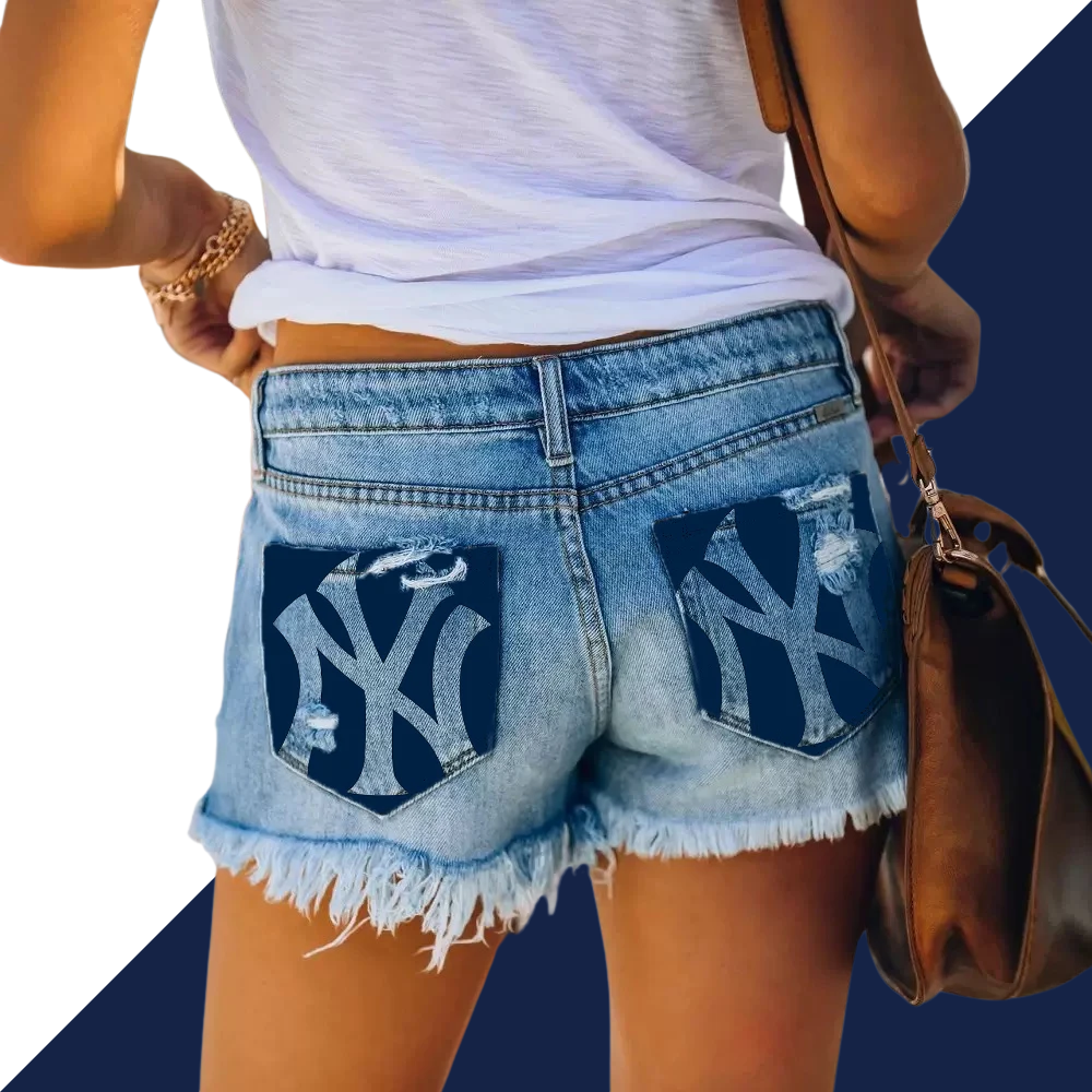 Yankees Distressed Cutoff Denim Shorts - Women - Baseswear