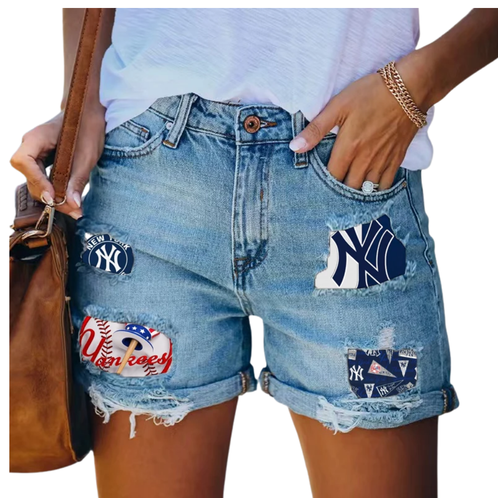 Yankees Distressed Cutoff Denim Shorts - Women - Baseswear