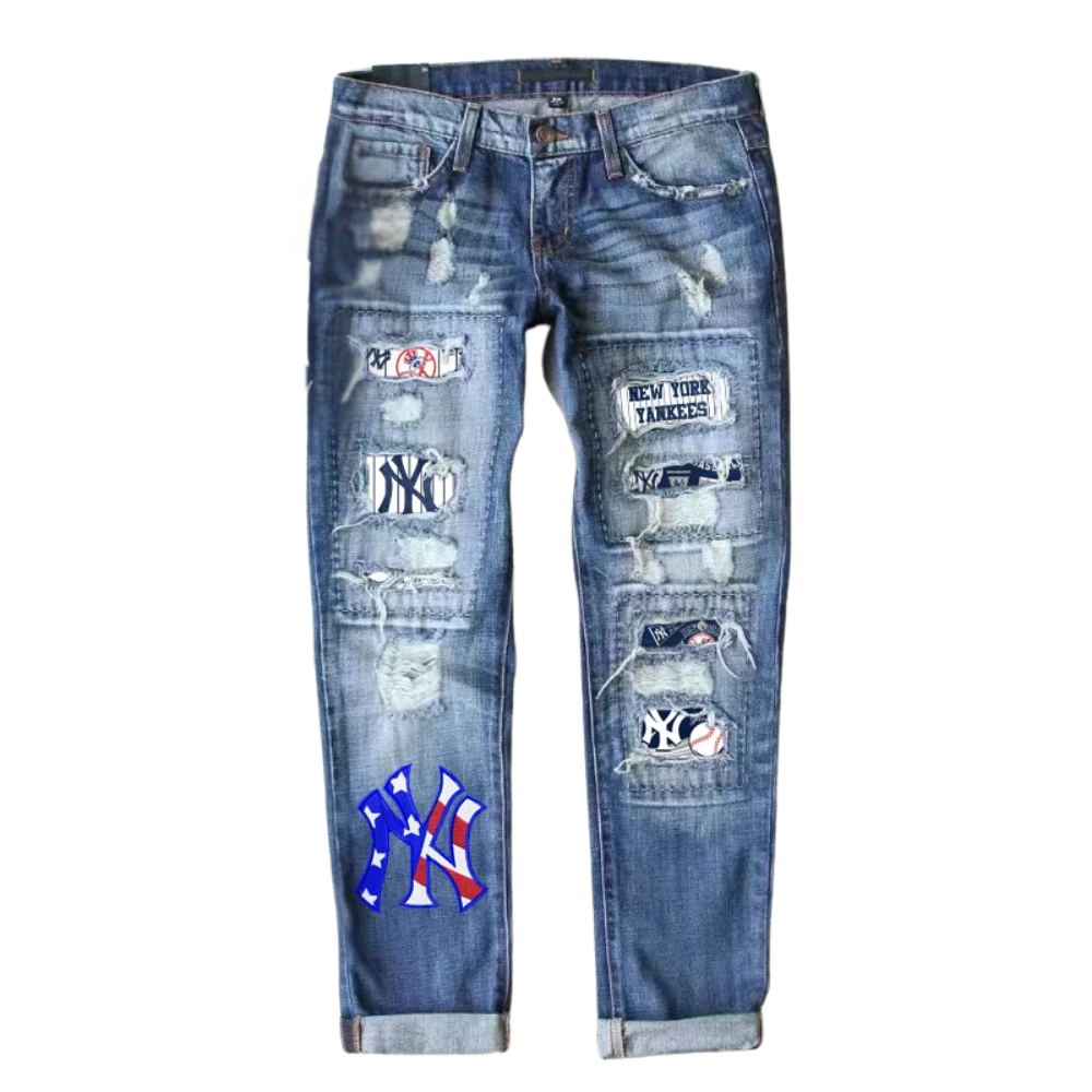 STRETCH RIPPED FRAYED RAW HEM DISTRESSED DENIM JEANS WITH HOLE - Baseswear