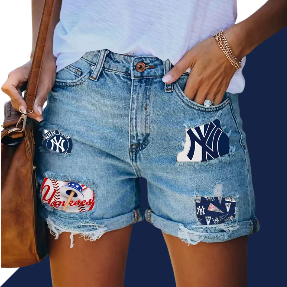 Yankees Distressed Cutoff Denim Shorts - Women - Baseswear