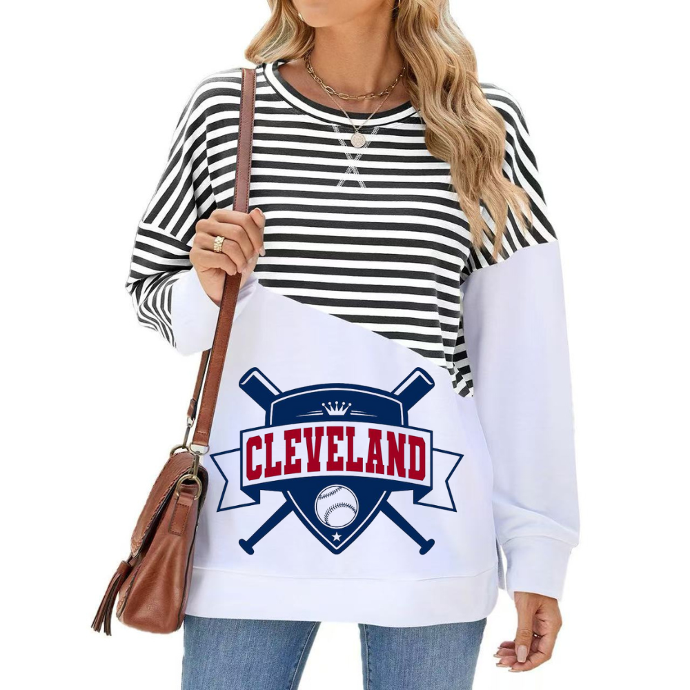 Slit Contrast Striped Long Sleeve Sweatshirt-Cleveland Guardians - Baseswear
