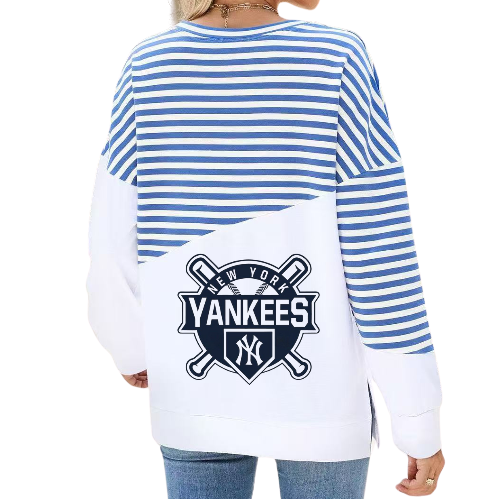 Slit Contrast Striped Long Sleeve Sweatshirt-New York Yankees - Baseswear