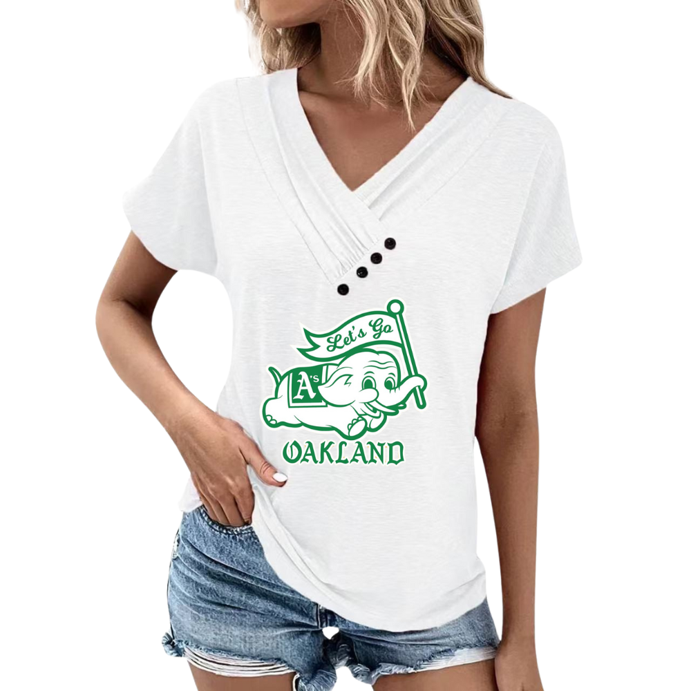 Simple V-Neck Short Sleeve T-Shirt-Oakland Athletics - Baseswear