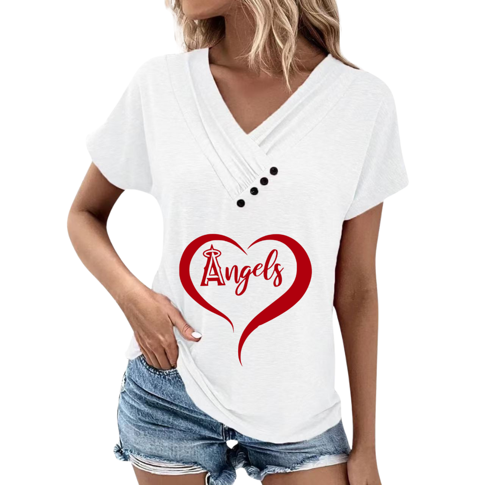Simple V-Neck Short Sleeve T-Shirt-Los Angeles Angels - Baseswear