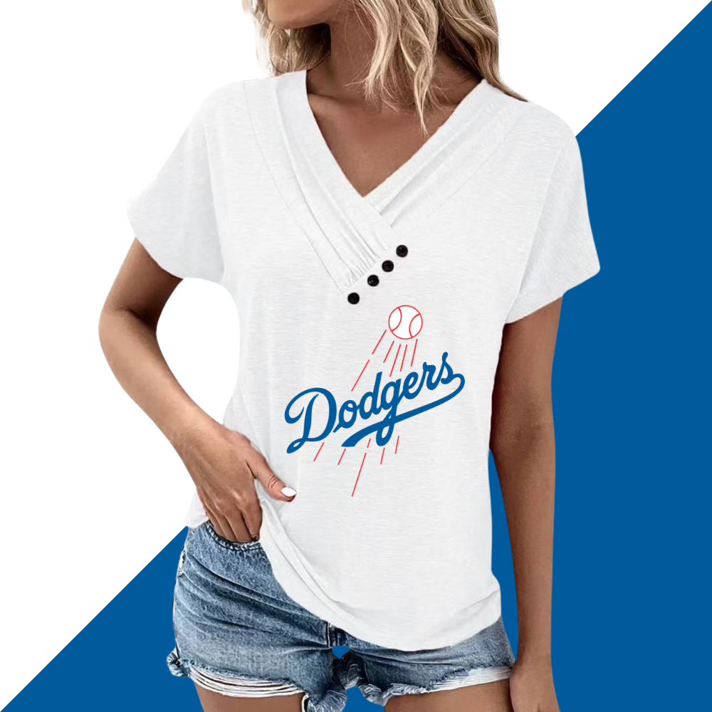 Simple V-Neck Short Sleeve T-Shirt-Los Angeles Dodgers - Baseswear