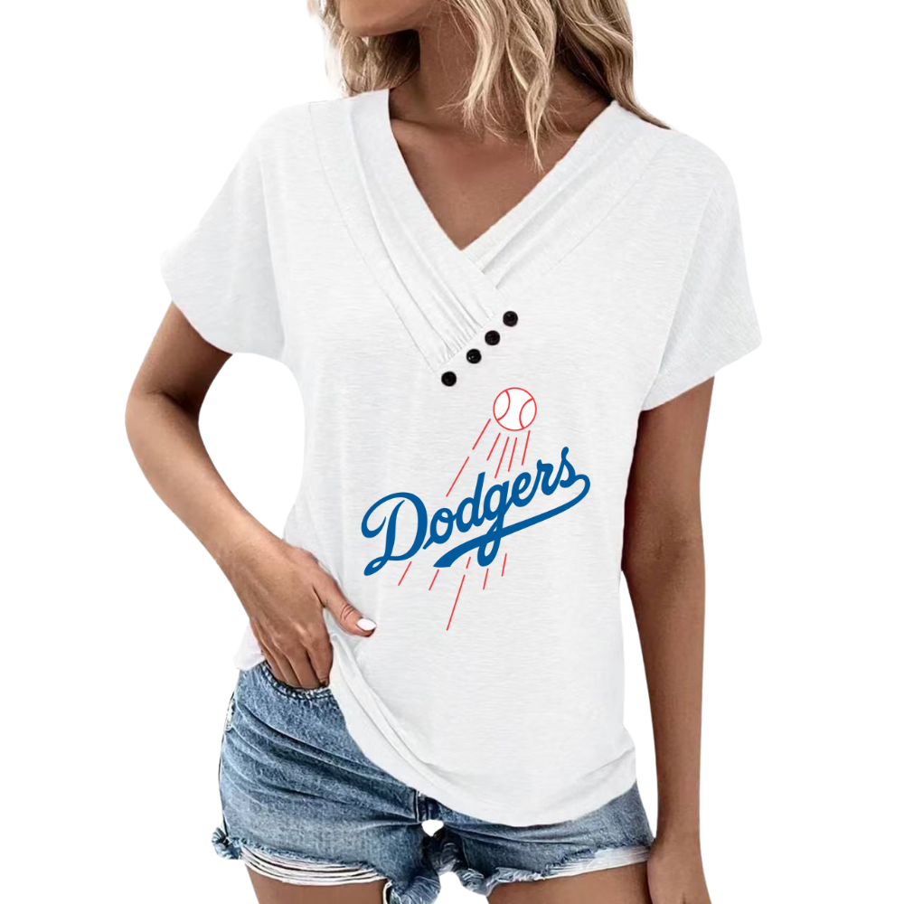 Simple V-Neck Short Sleeve T-Shirt-Los Angeles Dodgers - Baseswear