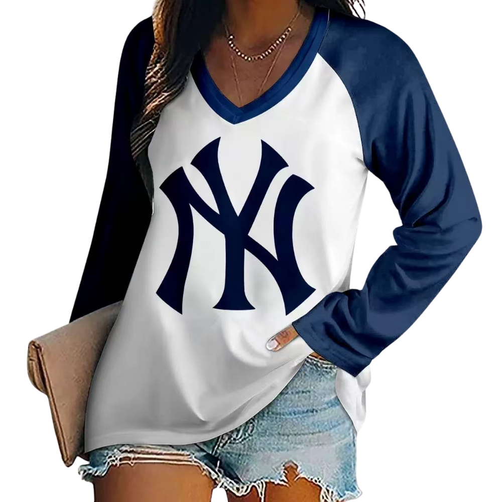 Women's V-neck Double-layered Long-sleeved Loose T-shirt - Baseswear