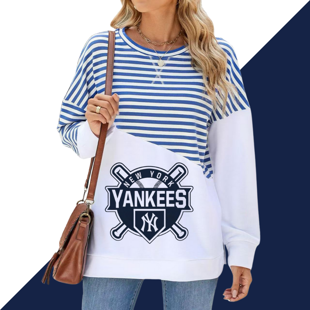 Slit Contrast Striped Long Sleeve Sweatshirt-New York Yankees - Baseswear
