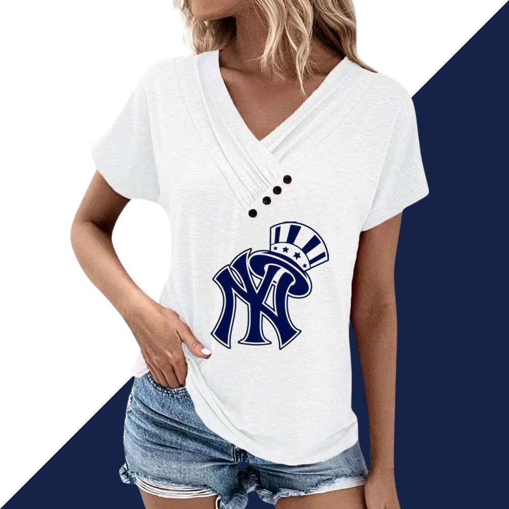 Simple V-Neck Short Sleeve T-Shirt-New York Yankees - Baseswear