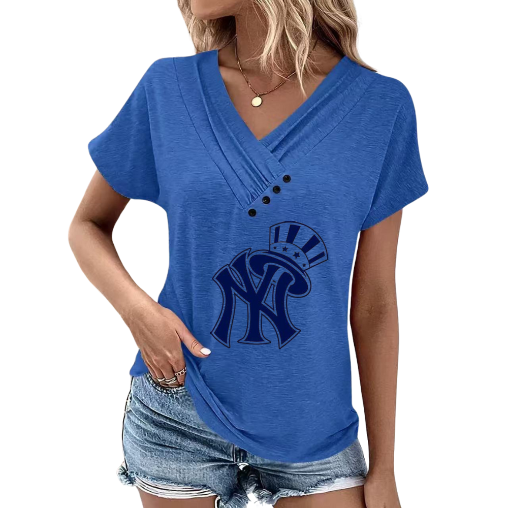 Simple V-Neck Short Sleeve T-Shirt-New York Yankees - Baseswear