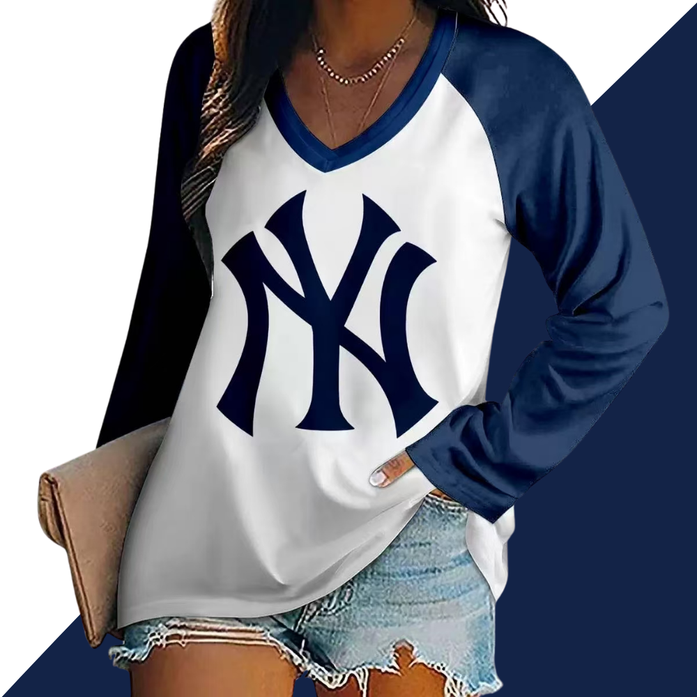 Women's V-neck Double-layered Long-sleeved Loose T-shirt - Baseswear