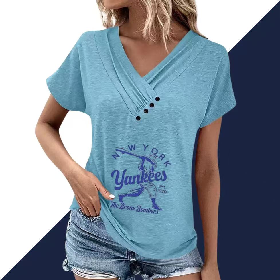 Simple V-Neck Short Sleeve T-Shirt-New York Yankees - Baseswear