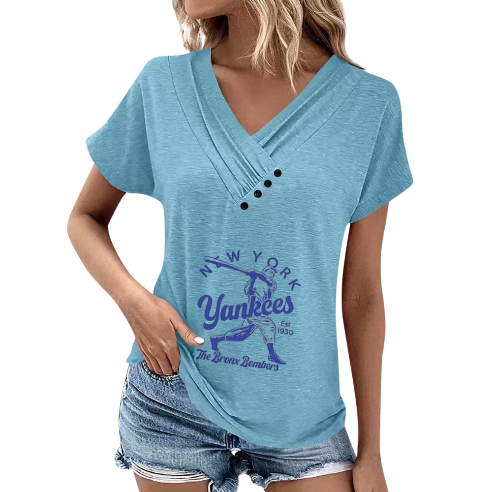 Simple V-Neck Short Sleeve T-Shirt-New York Yankees - Baseswear