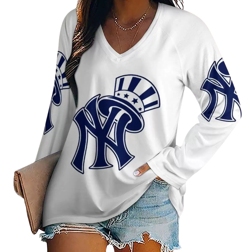 Women's V-neck Double-layered Long-sleeved Loose T-shirt - Baseswear