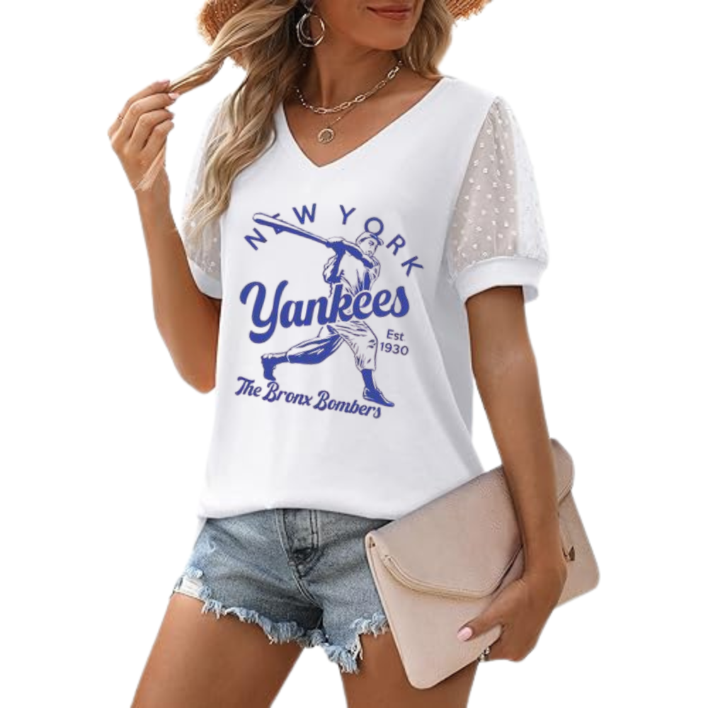 Summer V-neck bubble sleeve loose casual T-shirt - Baseswear
