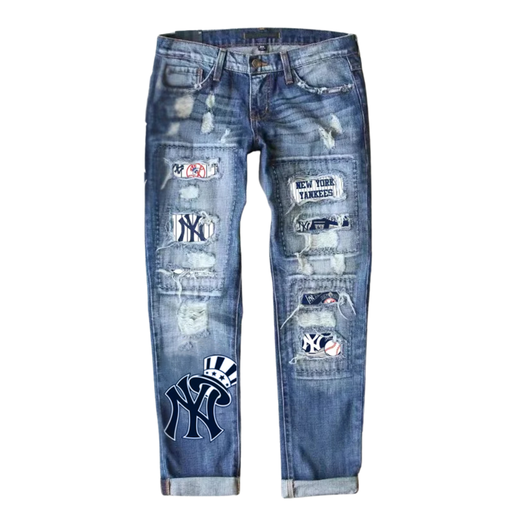 STRETCH RIPPED FRAYED RAW HEM DISTRESSED DENIM JEANS WITH HOLE - Baseswear