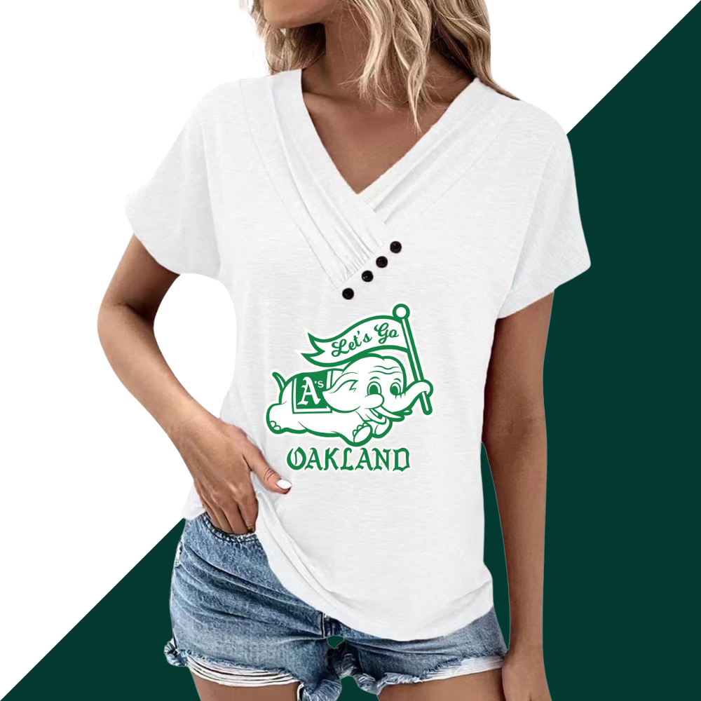 Simple V-Neck Short Sleeve T-Shirt-Oakland Athletics - Baseswear