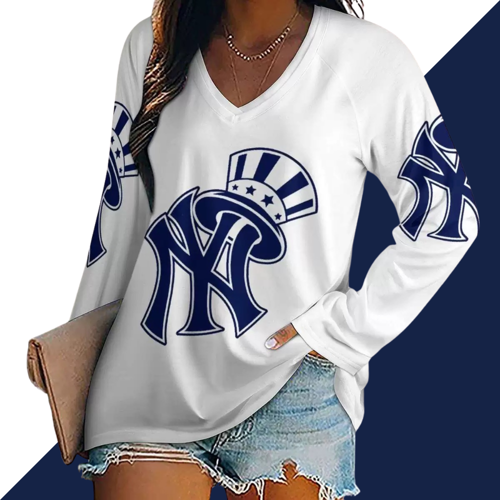 Women's V-neck Double-layered Long-sleeved Loose T-shirt - Baseswear
