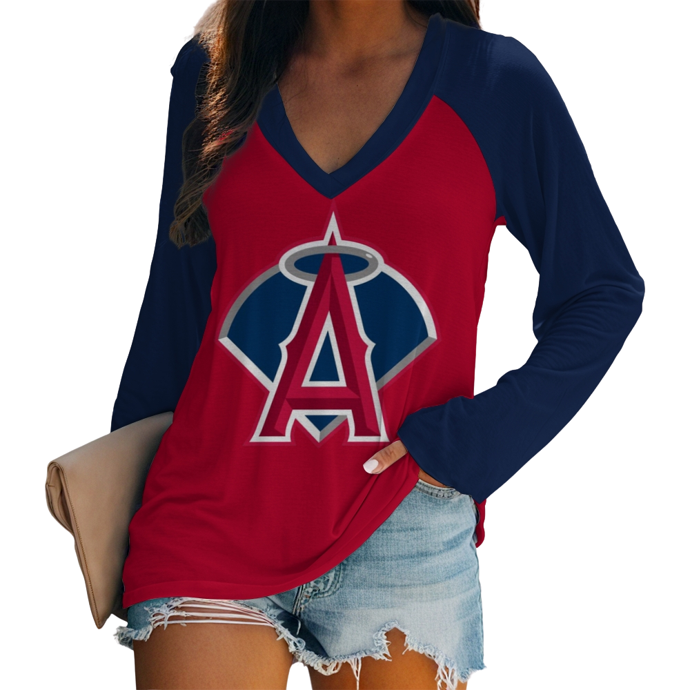 Women's V-neck Double-layered Long-sleeved Loose T-shirt - Baseswear