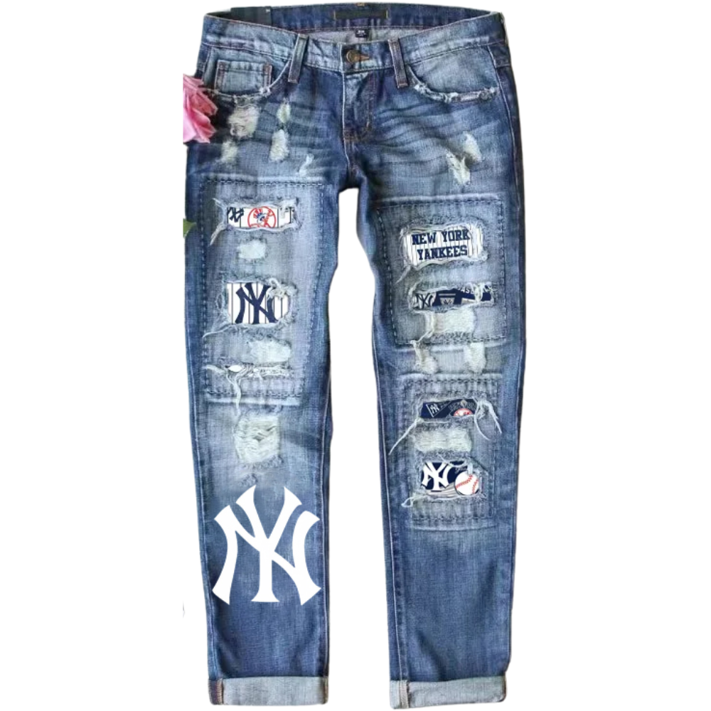 STRETCH RIPPED FRAYED RAW HEM DISTRESSED DENIM JEANS WITH HOLE - Baseswear