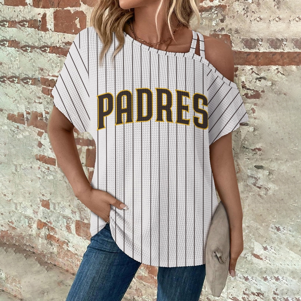 San Diego Padres White Asymmetrical Neck Short Sleeve T-Shirt - Baseswear