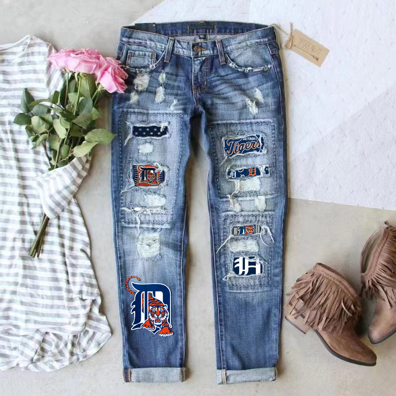 STRETCH RIPPED FRAYED RAW HEM DISTRESSED DENIM JEANS WITH HOLE - Baseswear